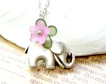 Lucky Elephant Necklace with Purple Flower Gift for Her