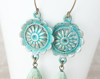 Vintage Style Floral Dangle Earrings Turquoise Green Flower Jewelry Perfect Gift for Her Drop Earrings Christmas Jewelry
