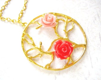 Gold Tree Necklace with Pink and Red Rose