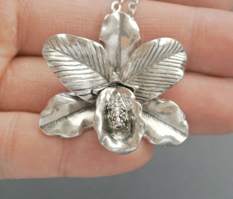 Antique style silver color orchid flower necklace gift for her-Flower necklace gift for mom-Orchid jewelry-Wedding jewelry Floral gift image 4