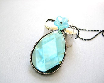 Blue Metal  Faceted Teardrop-Clear Pendant Necklace, Turquoise Oval Necklace,Mother's Day Necklace