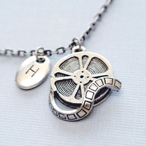 Film Reel Necklace,Movie Reel Necklace,Initial Necklace,Personalized Jewelry,Silver Film Reel, Movie Lover Gift,Director Necklace