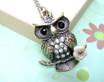 Owl Necklace, Woodland Animals Jewelry,Rhinestone Owl  Necklace, Owl Pendant Jewelry, Cute Owl Necklace