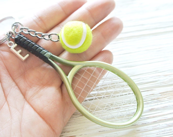 Monogram initial tennis keyring for tennis coach gift,Green Sport keychain gift for her,Personalized tennis racket keychain for tennis lover