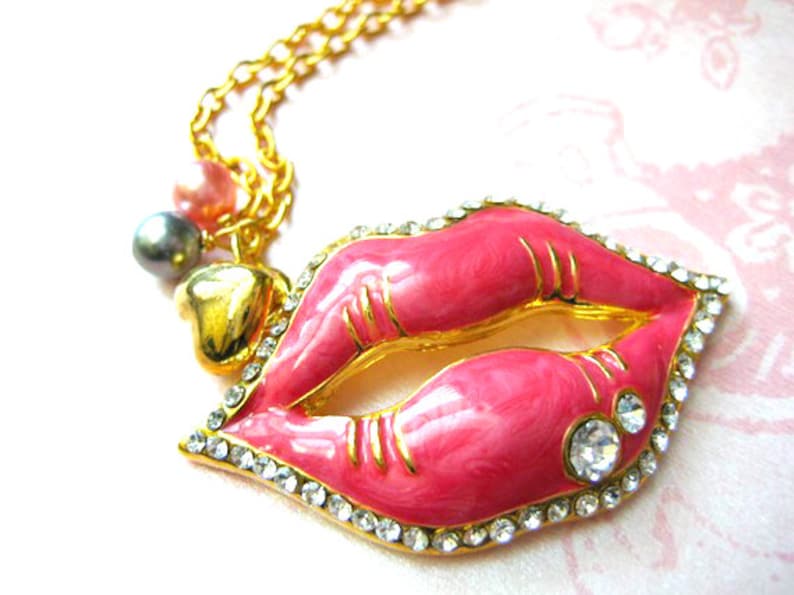Lip Necklace Pink Rhinestones Lip Necklace Valentine Jewelry Etsy