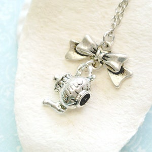 Teapot necklace with butterfly knot-Teapot pendant jewelry gift for her-Alice in wonderland-tea time necklace-Tea lover gift-Tea Party