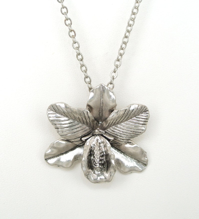 Antique style silver color orchid flower necklace gift for her-Flower necklace gift for mom-Orchid jewelry-Wedding jewelry Floral gift image 5