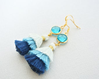 Cadeau de boucles d'oreilles à franges pour femme, boucles d'oreilles à pompons bleus pour cadeau d'anniversaire,