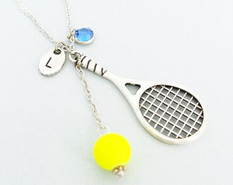 Tennis racket and tennis ball necklace with initial and birthstone-Tennis gift idea for tennis palyer and tennis coach-I love tennis jewelry