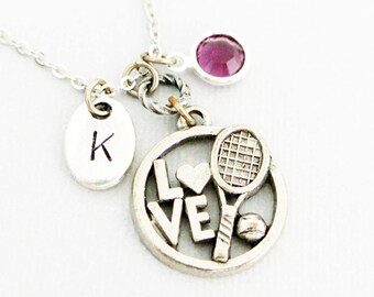 I love tennis necklace gift for her,Tennis initial necklace with initial and birthstone,Tennis racket for tennis player gift,Sports Jewelry