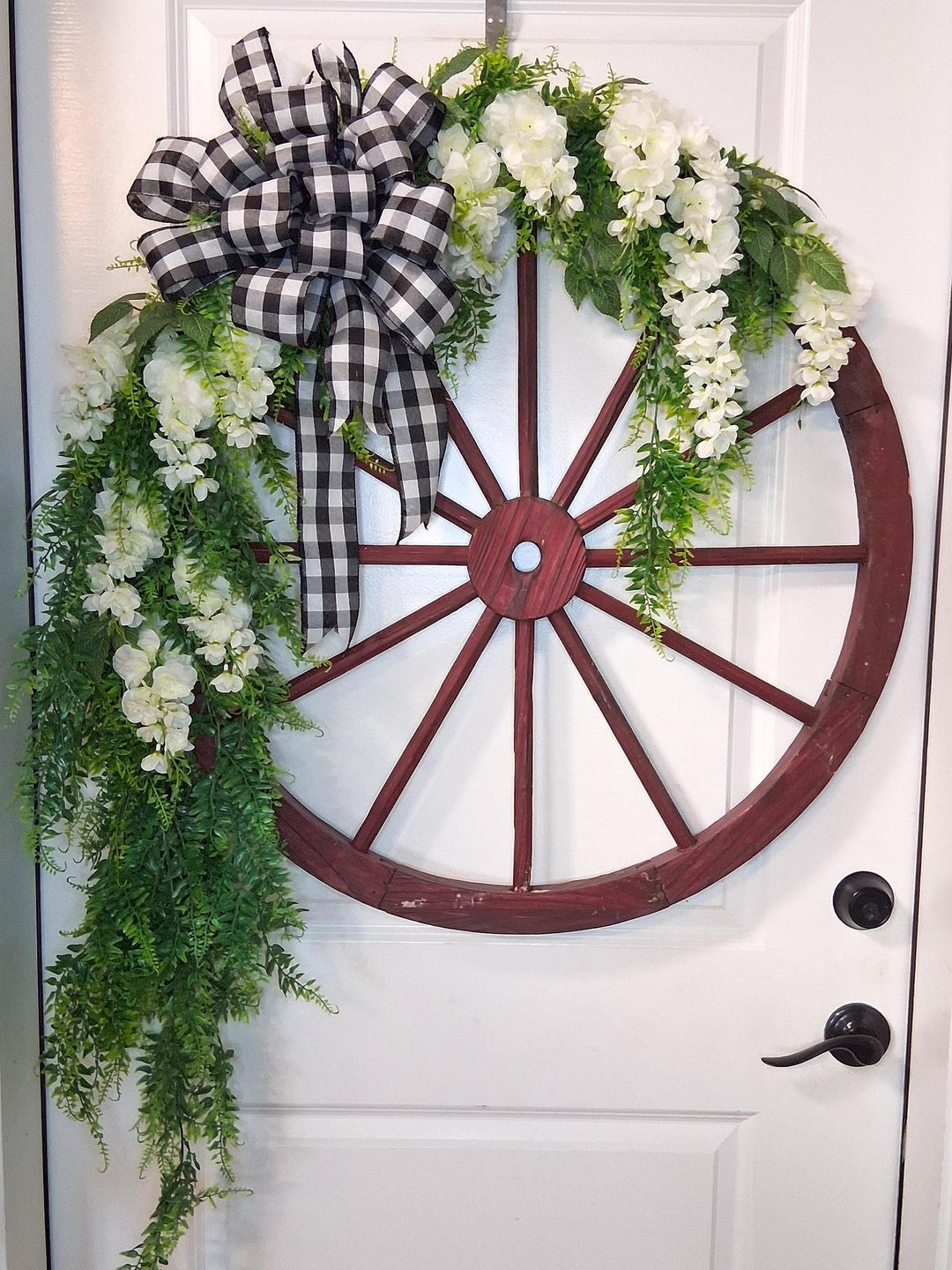 Rustic Farmhouse Style Wagon Wheel Front Door Hanger Wreath With White ...