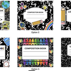 May include: Collection of composition notebooks with various designs. Each notebook cover features the text "COMPOSITION BOOK" and a blank space for a name. Designs include school buses, pencils, apples, and rainbows.