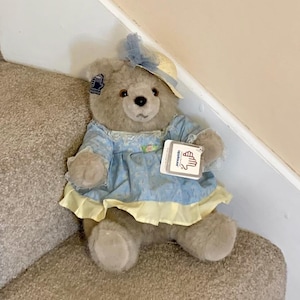 Vintage 1980s Applause Stuffed Plush Bear with Clothes . Vintage 1986 Lorelei Bear Dressed with Hat . Farmhouse Collectible Decor Bear