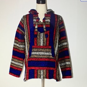 Vintage Baja hoodie Ethnic Mexican Style Unisex Pullover Coat Jacket . Brown Blue and red Hippie Style Hooded Coat .  Chest 42 inches