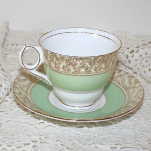 1950s Royal Stafford Tea Cup Set (cup & saucer) Bone China . Vintage Green and White Set . Gold Leaves and Gold Gilding . Made in England