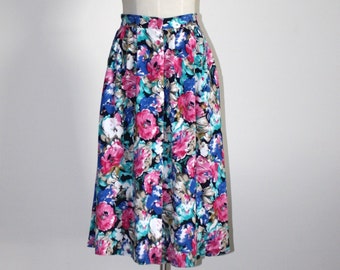 1990s Floral Rayon Skirt . Vintage 1980s 90s Large Blue Pink Flowers Long Midi Skirt . High Waistband . Size 10