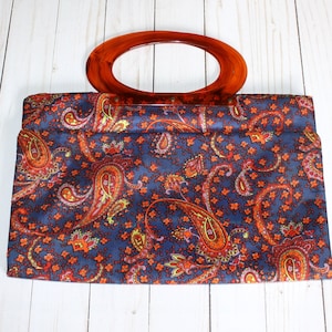 1960s Lady's Pride Tote Bag . Vintage 60s 70s Blue Orange Paisley & Floral Folding Bag Purse with Amber Bakelite or Lucite style Handles