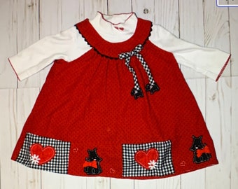 1990s Baby Girl's Red Corduroy Jumper Dress . Vintage 90s Scotty Dogs Jumper Dress with One Piece Long Sleeve Onesie . Size 12 Months