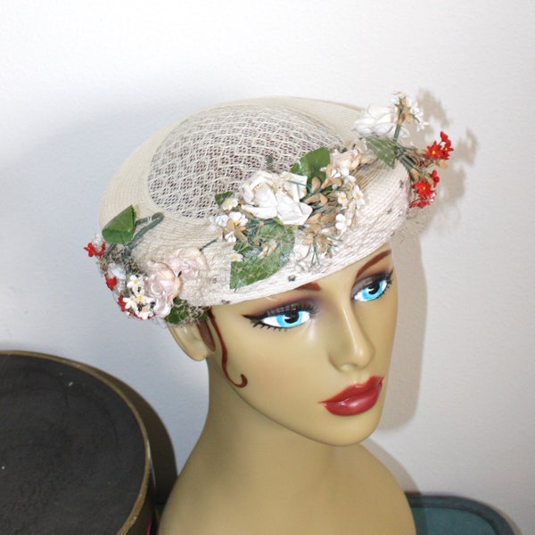 RESERVED-----------1950s White Fascinator Hat . Vintage 50s Ivory White & Floral WEDDING Bridal or Party Hat . Rhinestones and Netting Veil