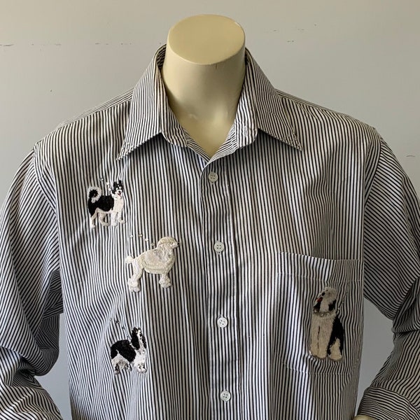 1990s Black Stripe Blouse Shirt with Dog Appliqués Old English Sheepdog Poodle Husky  English Spaniel and Yorker . For Dog Lovers . Size L