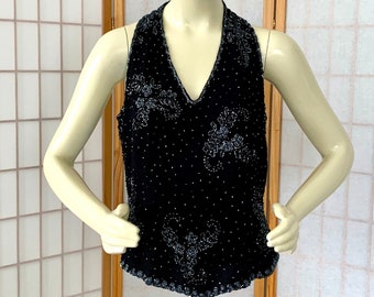 1980s Black Beaded Formal Blouse . Vintage 80s Beads & Sequins Floral Design Formal Evening Sleeveless Blouse . Size Large