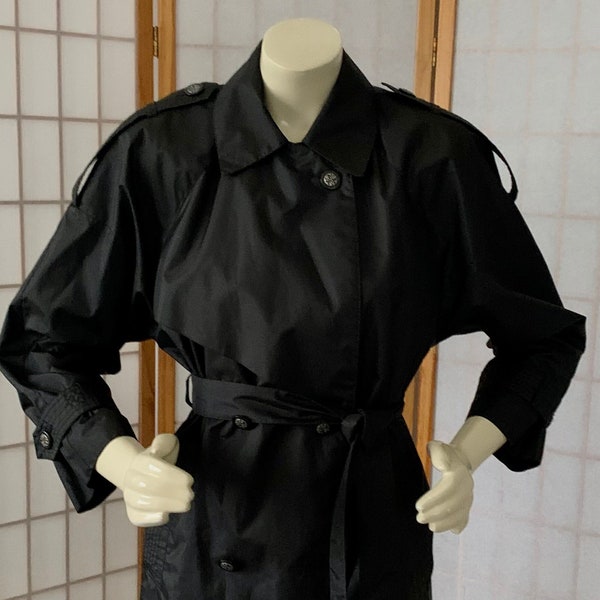 1980s Black Trench Coat . Vintage 80s J Gallery Double Breasted Detective Spy Midi Trench Raincoat with Belt , Size 10 Medium