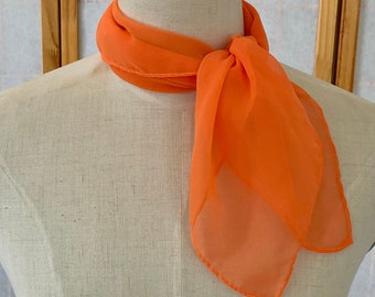 1960s Orange Sheer Chiffon Neck Scarf . Vintage 60s Square Tangerine Orange Retro Fashion Accent Scarf . Made in Korea
