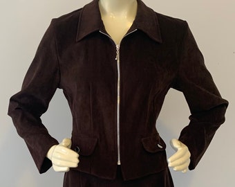 All That Jazz Faux Suede Leather Dress Suit . Vintage 1990s Dark Chocolate Brown Moc Suede Suit Jacket & Skirt . Vegan Suit