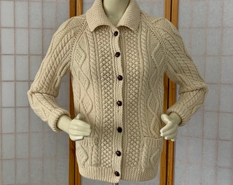 Aran IRISH WOOL Cardigan Sweater . Vintage 90s Beautiful 100% Pure Wool Kennedy HAND KNiT In Ireland Celtic & Cable Knit Design . Sz 4 Small