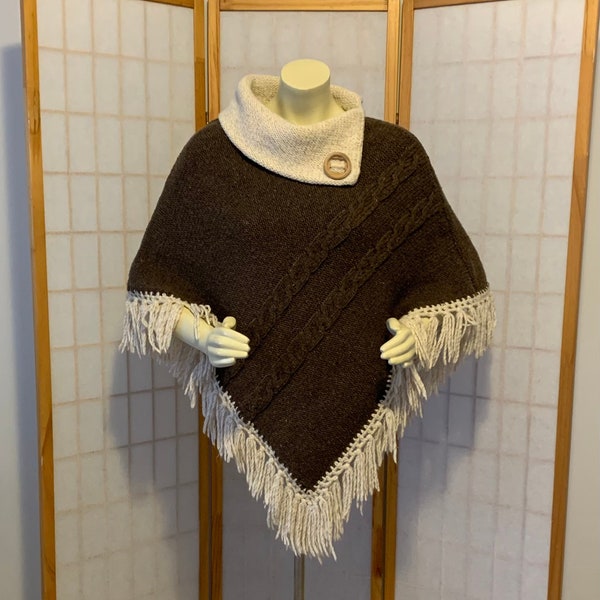 1970s Boho Hippie Wool Poncho . Vintage 70s Brown and Beige Wool Blend & Fringe Woodstock Revival Poncho . Portugal . One Size . Small -Med