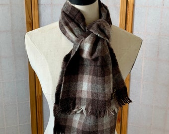 Scottish Pure LAMBSWOOL Plaid Scarf . Vintage Long Brown and White Plaid Wool Winter Unisex Preppy Neck Scarf . Made in SCOTLAND