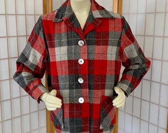 PENDLETON Wool 49er Gray Red Plaid Jacket Coat . Vintage 40s 50s Pure Wool Famous Pendleton 49er Outdoors Hiking Shirt Jacket . Extra Large