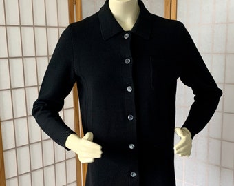 1960s Black Wool Knit Cardigan Sweater by Leroy Knitwear . Vintage 60s 70s St. John Style Cardigan. Size Large