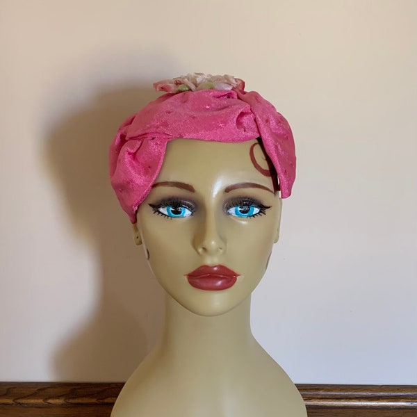 1950s Pink Satin Pillbox Hat with Flower . Vintage 50s 60s Fascinator Headband Hat . Color is more Lighter  Pink than photos show