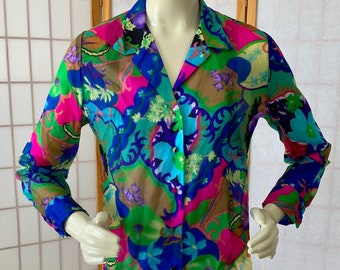 1960s MOD Na Ma of California Floral Blouse . Vintage 60s Retro Bright Crepe Silk or Rayon Blouse . Size Medium