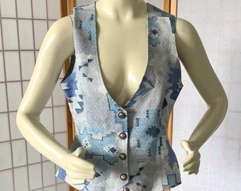 1990s Native Tapestry Country Western Cowgirl Vest . Vintage 90s Shades of Blue and White Gray Woven Design Vest . New Frontier Co. Size Med