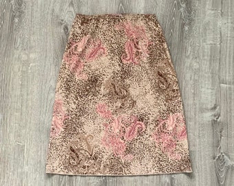 1990s Paisley Pencil Skirt . Vintage 90s Y2K Elastic waist Pull On High Waist Pink Brown Boho Hippie Skirt by A. Byer . Size 4 - 6 Small