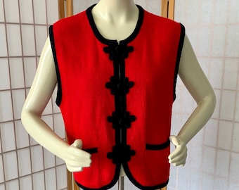 1980s TALLY HO Red Black Acrylic Knit Cardigan Sweater Vest . Vintage 80s 90s Sweater Vest with Frog Closure . Size Large