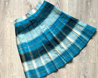 1950s Plaid Pleated Wool Skirt . Vintage 50s Blue Ivory Plaid Skirt . High Waist Metal Zipper . Size Extra Small to Small