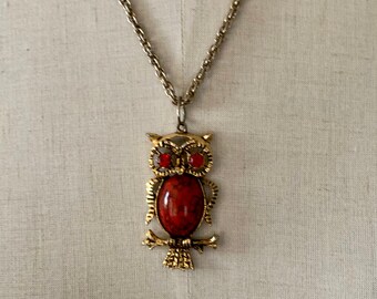 1970s Red Tiger Eye Owl Pendant Necklace. Vintage 70s Boho Hippie Gold Chain with Gold and Red Owl Pendent . Red Rhinestone Eyes
