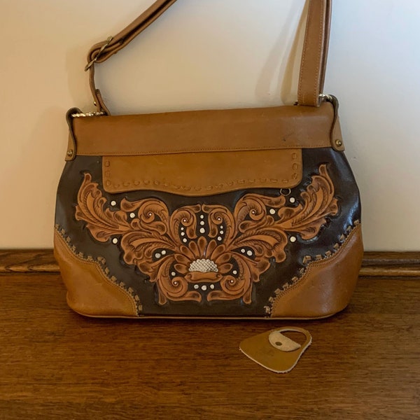 1980s MISS TONY LAMA Leather Tooled Handbag Shoulder Bag . Vintage 80s 90s Cognac & Dark Brown Leather Country Western Cowgirl Purse