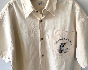 Vintage Baja Cabo San Lucas Mexico Tourist Men’s Cotton Button Down Deep Sea Fishing Shirt . Ivory Cream Natural Cotton Embroidered -Large