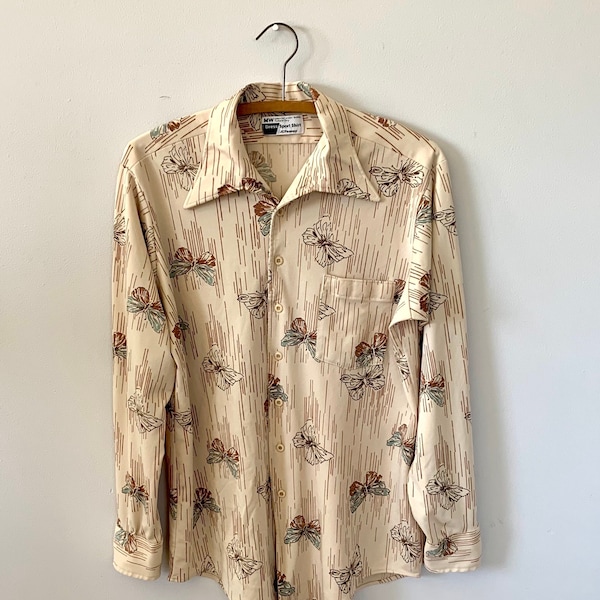 1970s Mens Hippie Butterfly Shirt . Vintage 70s Stretch Polyester Long Sleeve Dress Casual Shirt Woodstock Revival . size Medium Mens