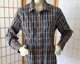 Vintage PANHANDLE SLIM Cowgirl Country Western Shirt . 100% COTTON Brown with Blue Stripes Blouse Shirt with Pearly Snaps & Pockets . Size L