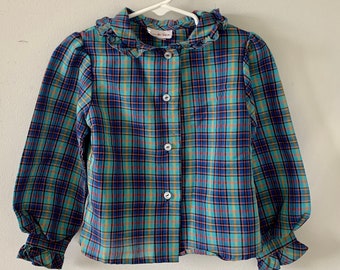 1980s Plaid School Girl's Blouse . Vintage 80s Peter Pan Collar with Ruffles Blue Green Plaid Young Girl's School Blouse . Size Girls 5
