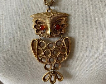 1970s Gold Articulated Owl Pendent . Vintage 70s Gold Chain With Owl Pendent Amber Orange Rhinestones Eyes