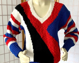 1980s RAD White Angora and Color Block Pullover Sweaters . Vintage 80s Blue Black Red Eddie Dassin Los Angeles Angora Rabbit Sweater Sz Med
