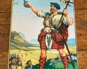 RARE 1950s Scottish Warrior Biscuit Tin Can . Vintage 40s 50s Rare GRAY DUNN Biscuit Shortbread Tin . "Bonnie Prince Charlie" Scottish Scene