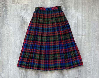 1950s REVERSIBLE Plaid Pleated Wool Skirt . Vintage 50s 60s High Waistband High Rise Red Blue Green Accordion Pleats Skirt . Size 0 - XS