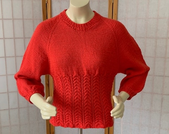 Vintage Orange Knit Wool or Blend Handmade Pullover Sweater . Hand Knit Cable Knit Sweater